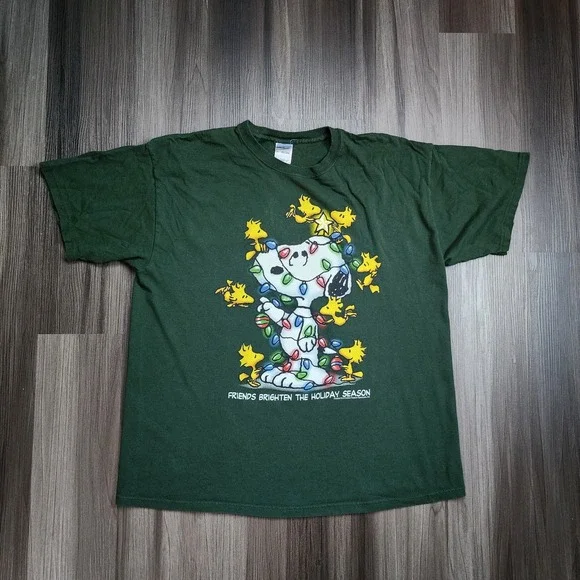 Vtg Snoopy Peanuts Christmas Lights Holiday Woodstock Mens Size XL Green T-Shirt - Picture 1 of 4